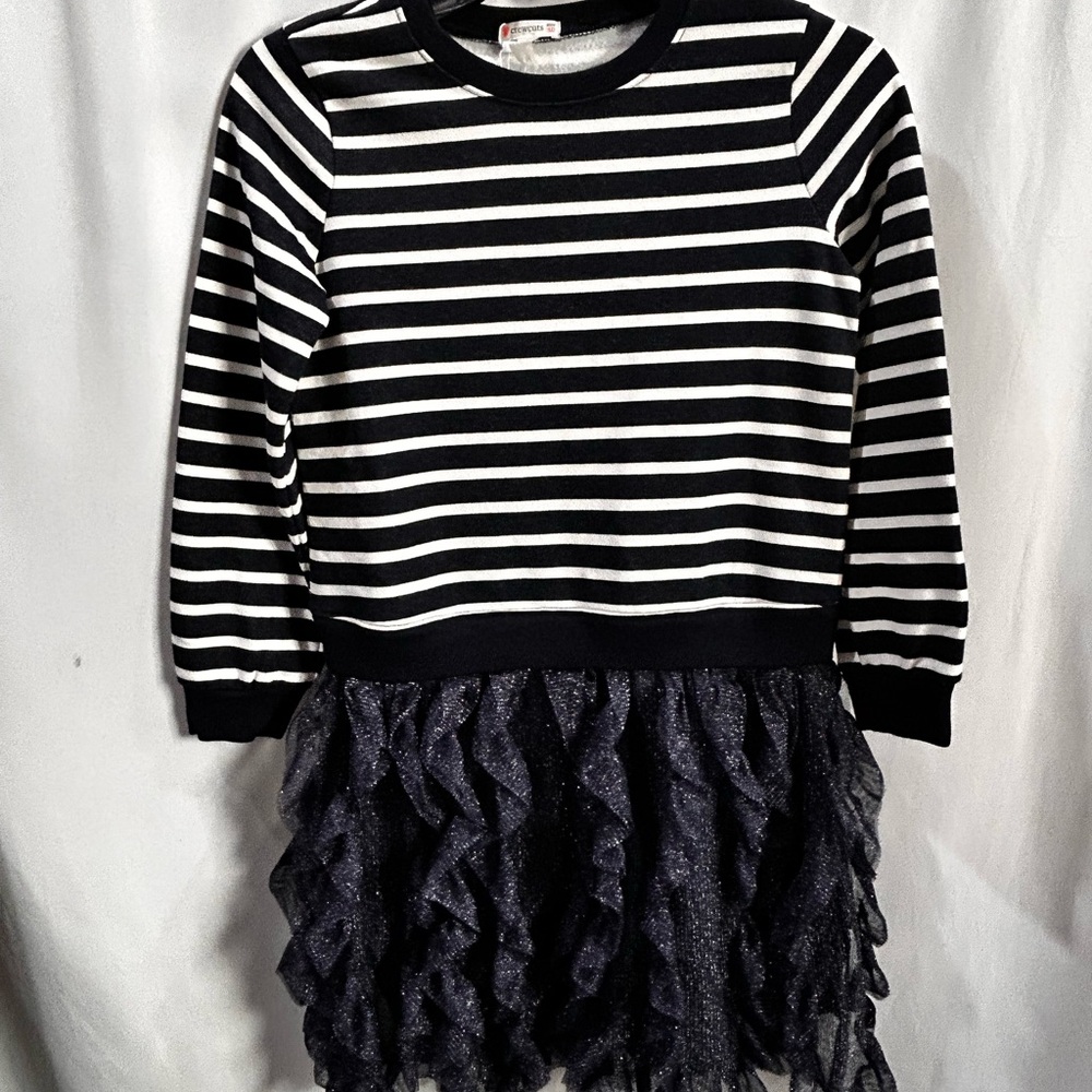 Crewcuts Navy and White Striped sweatshirt dress sparkled ruffle